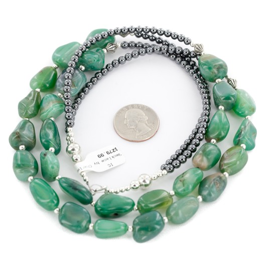 2 Strand Certified Authentic .925 Stering Silver Navajo Natural Jade Hematite Native American Necklace 17016