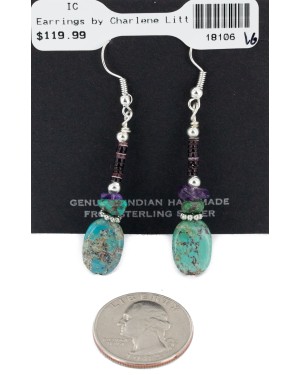 Certified Authentic Navajo .925 Sterling Silver Hooks Dangle Natural Turquoise Amethyst Native American Earrings 18106-16