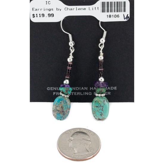 Certified Authentic Navajo .925 Sterling Silver Hooks Dangle Natural Turquoise Amethyst Native American Earrings 18106-16