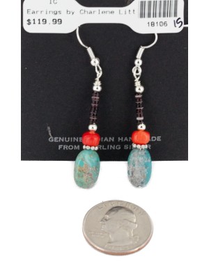 Certified Authentic Navajo .925 Sterling Silver Hooks Dangle Natural Turquoise Coral Native American Earrings 18106-15