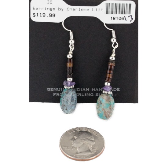 Certified Authentic Navajo .925 Sterling Silver Hooks Dangle Natural Amethyst Turquoise Native American Earrings 18106-13