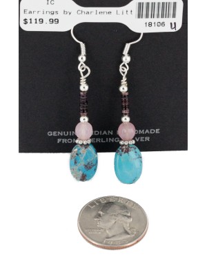 Certified Authentic Navajo .925 Sterling Silver Hooks Dangle Natural Turquoise Quartz Native American Earrings 18106-41