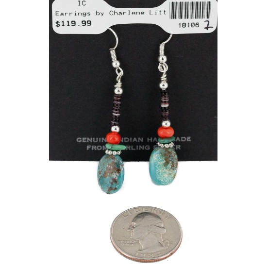 Certified Authentic Navajo .925 Sterling Silver Hooks Dangle Natural Turquoise Coral Heishi Native American Earrings 18106-7