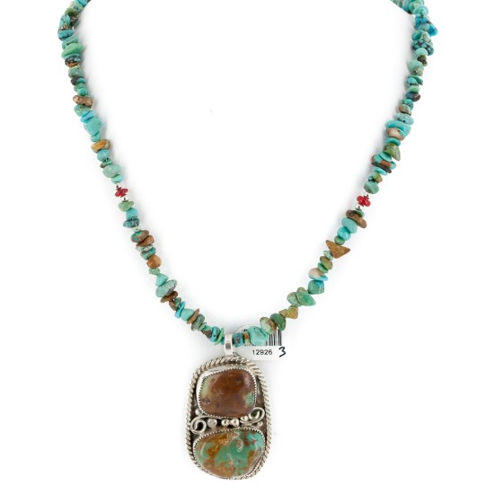 .925 Sterling Silver Navajo Certified Authentic Natural Turquoise Coral Native American Necklace 12926-3-25289