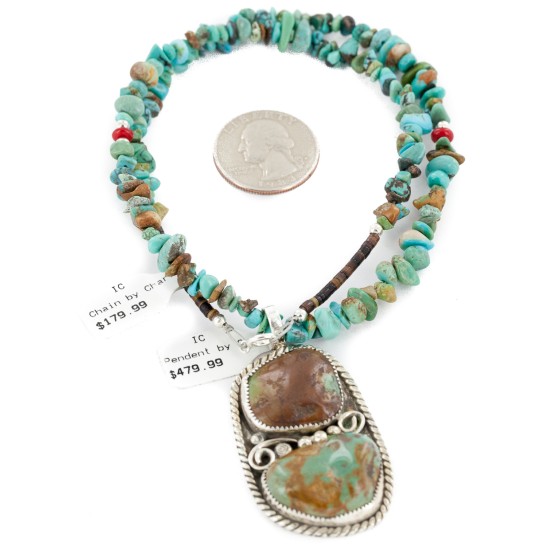 .925 Sterling Silver Navajo Certified Authentic Natural Turquoise Coral Native American Necklace 12926-3-25289