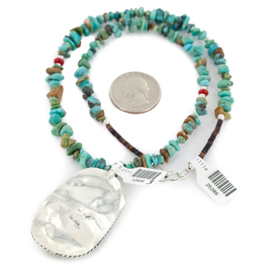 .925 Sterling Silver Navajo Certified Authentic Natural Turquoise Coral Native American Necklace 12926-3-25289