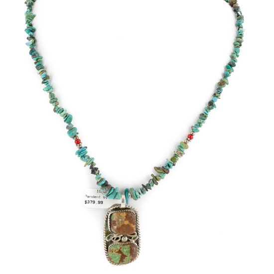.925 Sterling Silver Navajo Certified Authentic Turquoise Coral Native American Necklace 12925-15979-3