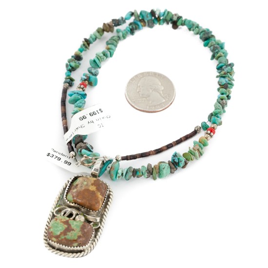 .925 Sterling Silver Navajo Certified Authentic Turquoise Coral Native American Necklace 12925-15979-3