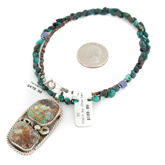 .925 Sterling Silver Navajo Certified Authentic Natural Spiderweb and Turquoise Native American Necklace 12926-1-15814-21