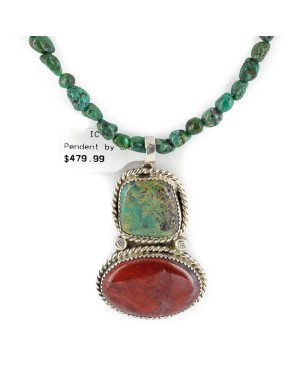 .925 Sterling Silver Navajo Certified Authentic Natural Spiderweb and Turquoise Coral Native American Necklace 12926-6-15858