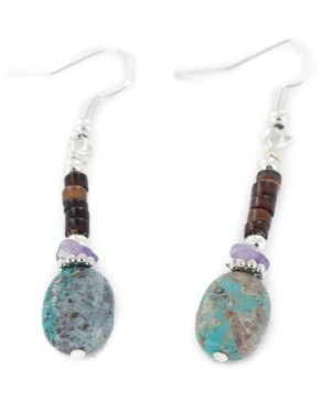 Certified Authentic Navajo .925 Sterling Silver Hooks Dangle Natural Amethyst Turquoise Native American Earrings 18106-13