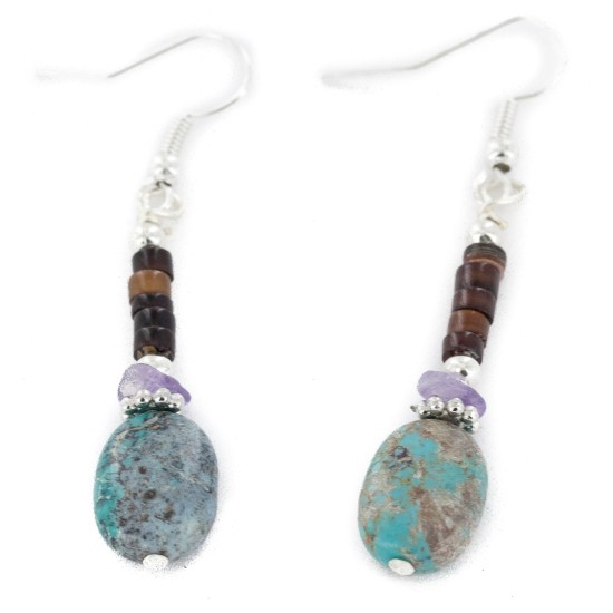 Certified Authentic Navajo .925 Sterling Silver Hooks Dangle Natural Amethyst Turquoise Native American Earrings 18106-13