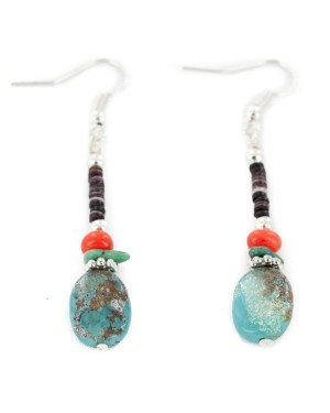 Certified Authentic Navajo .925 Sterling Silver Hooks Dangle Natural Turquoise Coral Heishi Native American Earrings 18106-7