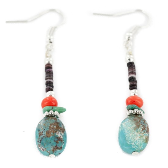 Certified Authentic Navajo .925 Sterling Silver Hooks Dangle Natural Turquoise Coral Heishi Native American Earrings 18106-7