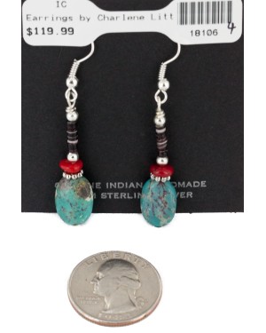 Certified Authentic Navajo .925 Sterling Silver Hooks Dangle Natural Turquoise Coral Native American Earrings 18106-44