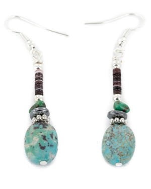 Certified Authentic Navajo .925 Sterling Silver Hooks Dangle Natural Turquoise Hematite Native American Earrings 18106-6