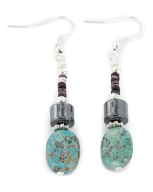 Certified Authentic Navajo .925 Sterling Silver Hooks Dangle Natural Turquoise Hematite Native American Earrings 18106-9