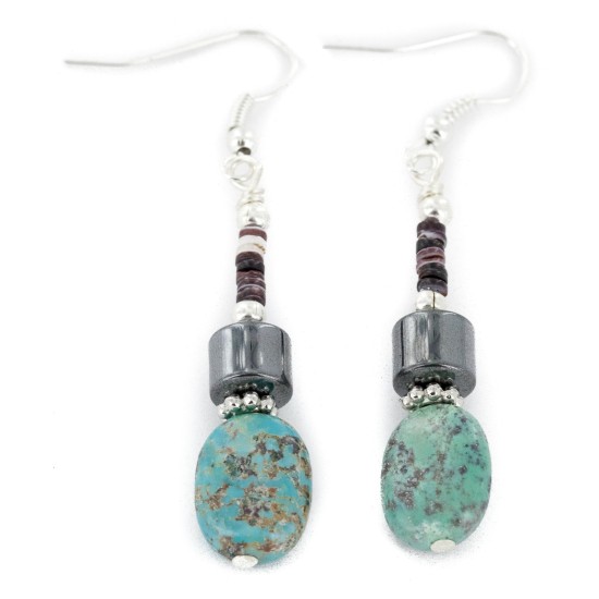 Certified Authentic Navajo .925 Sterling Silver Hooks Dangle Natural Turquoise Hematite Native American Earrings 18106-9