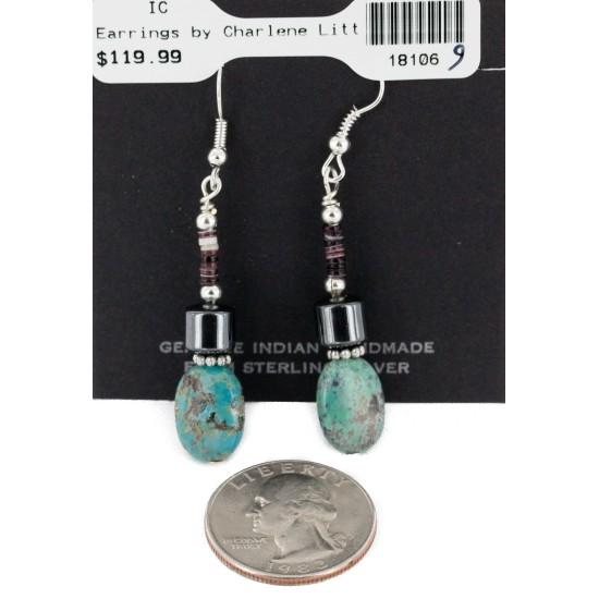Certified Authentic Navajo .925 Sterling Silver Hooks Dangle Natural Turquoise Hematite Native American Earrings 18106-9