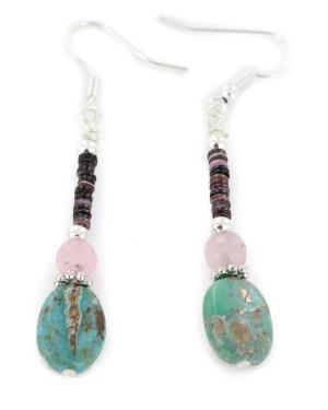 Certified Authentic Navajo .925 Sterling Silver Hooks Dangle Natural Turquoise Pink Quartz Native American Earrings 18106-10