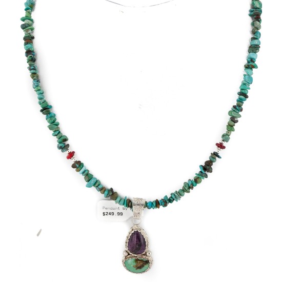 .925 Sterling Silver Certified Authentic Navajo Turquoise Sugilite Native American Necklace 24411-4-1601