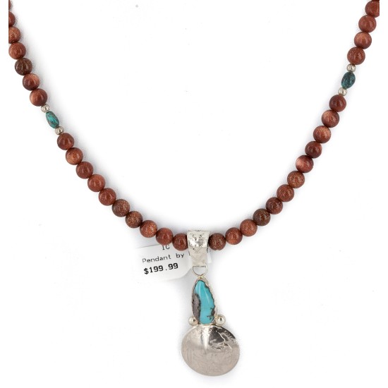 Vintage Style Buffalo Nickel and .925 Sterling Silver Handmade Certified Authentic Navajo Natural Turquoise Goldstone Native American Necklace 24412-2-16076-8