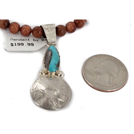 Vintage Style Buffalo Nickel and .925 Sterling Silver Handmade Certified Authentic Navajo Natural Turquoise Goldstone Native American Necklace 24412-2-16076-8