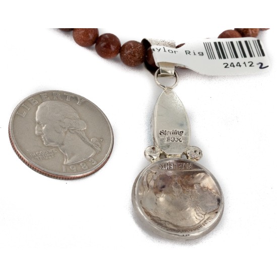 Vintage Style Buffalo Nickel and .925 Sterling Silver Handmade Certified Authentic Navajo Natural Turquoise Goldstone Native American Necklace 24412-2-16076-8