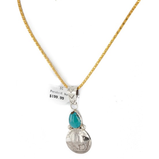 Vintage Style Buffalo Nickel and .925 Sterling Silver Handmade Certified Authentic Navajo Natural Turquoise Native American Necklace 24412-3