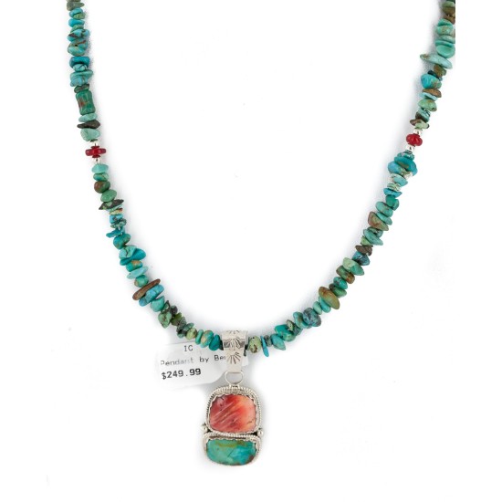 .925 Sterling Silver Certified Authentic Navajo Turquoise Spiny Oyster Native American Necklace 24415-1-25289