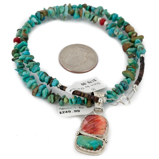 .925 Sterling Silver Certified Authentic Navajo Turquoise Spiny Oyster Native American Necklace 24415-1-25289
