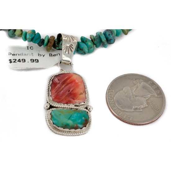 .925 Sterling Silver Certified Authentic Navajo Turquoise Spiny Oyster Native American Necklace 24415-1-25289