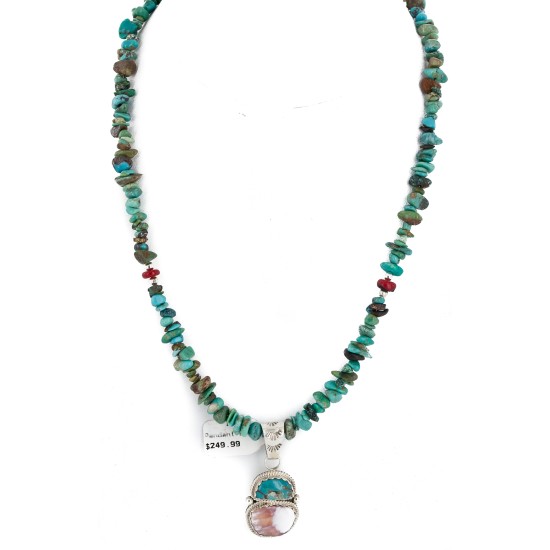 .925 Sterling Silver Certified Authentic Navajo Natural Turquoise Spiny Oyster Native American Necklace 24415-4-25289