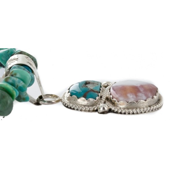 .925 Sterling Silver Certified Authentic Navajo Natural Turquoise Spiny Oyster Native American Necklace 24415-4-25289