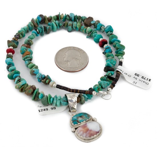 .925 Sterling Silver Certified Authentic Navajo Natural Turquoise Spiny Oyster Native American Necklace 24415-4-25289