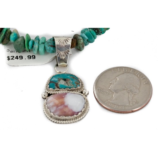 .925 Sterling Silver Certified Authentic Navajo Natural Turquoise Spiny Oyster Native American Necklace 24415-4-25289