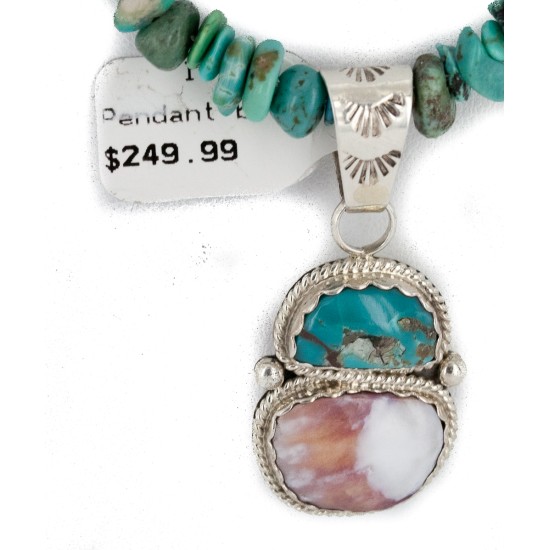 .925 Sterling Silver Certified Authentic Navajo Natural Turquoise Spiny Oyster Native American Necklace 24415-4-25289