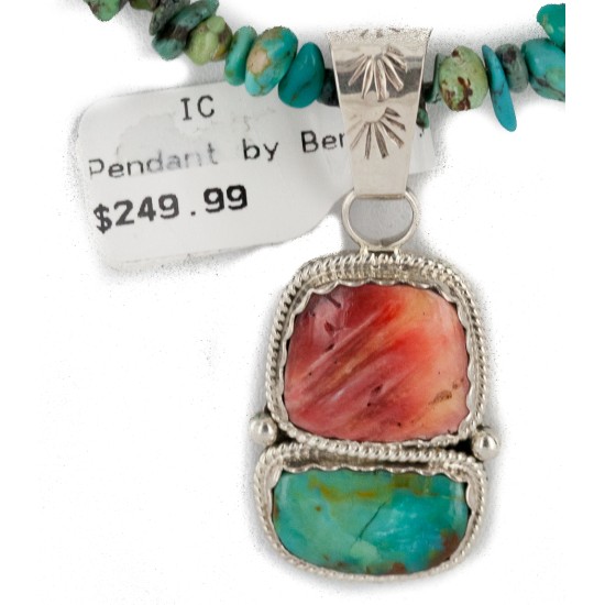.925 Sterling Silver Certified Authentic Navajo Turquoise Spiny Oyster Native American Necklace 24415-1-25289