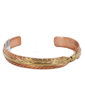 Handmade Certified Authentic Copper and Brass Navajo Feather Native American Bracelet 12824-9