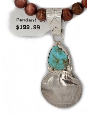 Vintage Style Buffalo Nickel .925 Sterling Silver Handmade Certified Authentic Navajo Natural Turquoise Goldstone Native American Necklace 24412-1-16076-9