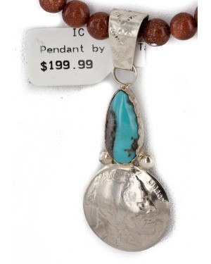 Vintage Style Buffalo Nickel and .925 Sterling Silver Handmade Certified Authentic Navajo Natural Turquoise Goldstone Native American Necklace 24412-2-16076-8