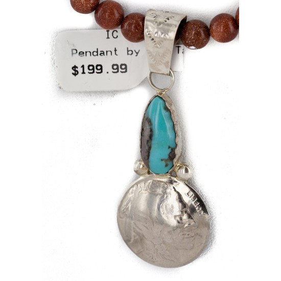 Vintage Style Buffalo Nickel and .925 Sterling Silver Handmade Certified Authentic Navajo Natural Turquoise Goldstone Native American Necklace 24412-2-16076-8