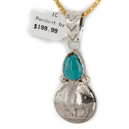 Vintage Style Buffalo Nickel and .925 Sterling Silver Handmade Certified Authentic Navajo Natural Turquoise Native American Necklace 24412-3