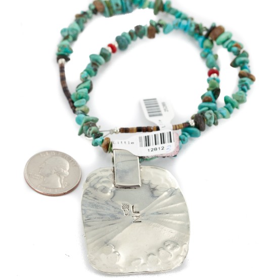 .925 Sterling Silver and Nickel Certified Authentic Handmade Navajo Turquoise Coral Native American Necklace 12812-3-25289
