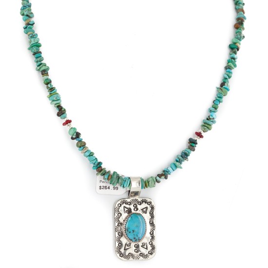 .925 Sterling Silver and Nickel Certified Authentic Handmade Navajo Natural Turquoise Coral Native American Necklace 12810-2-1601