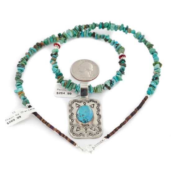 .925 Sterling Silver and Nickel Certified Authentic Handmade Navajo Natural Turquoise Coral Native American Necklace 12810-2-1601
