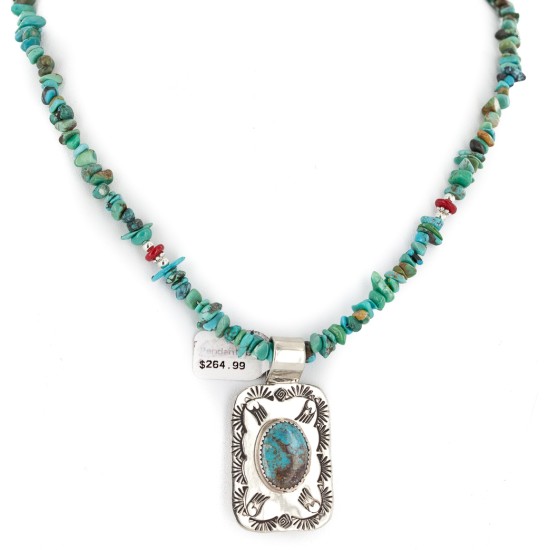 .925 Sterling Silver and Nickel Certified Authentic Navajo Handmade Natural Turquoise Coral Native American Necklace 12810-5-1601