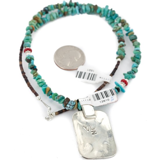 .925 Sterling Silver and Nickel Certified Authentic Navajo Handmade Natural Turquoise Coral Native American Necklace 12810-5-1601