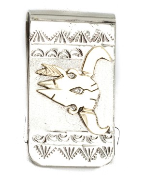 Certified Authentic 12kt Gold Filled and .925 Sterling Silver Bull Skull Handmade Navajo Native American Money Clip 11254