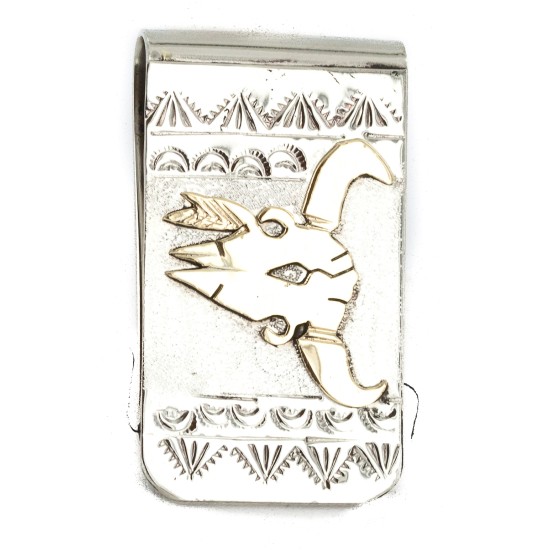 Certified Authentic 12kt Gold Filled and .925 Sterling Silver Bull Skull Handmade Navajo Native American Money Clip 11254